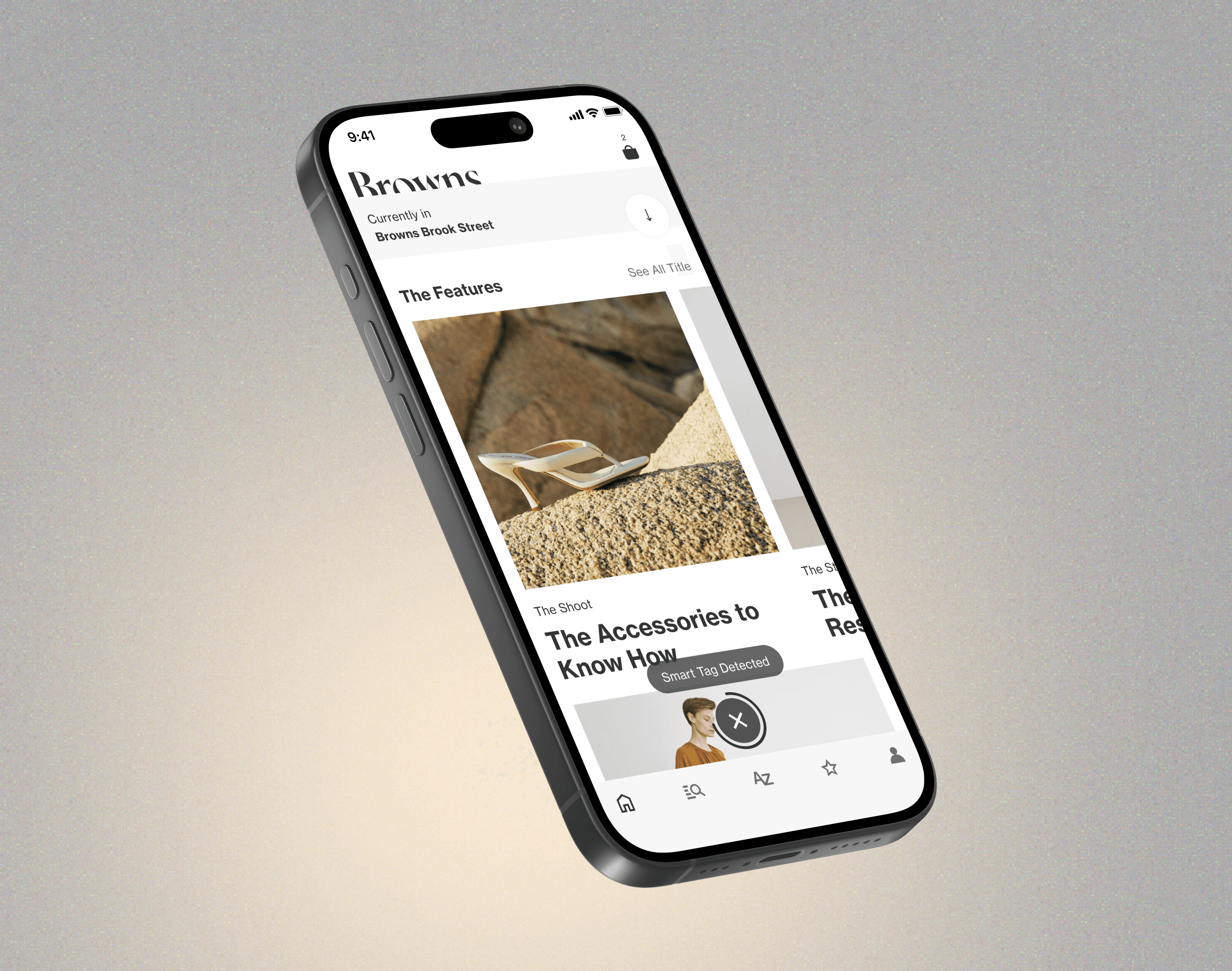 App interface displaying the in-store mode active and a smart tag being detected.