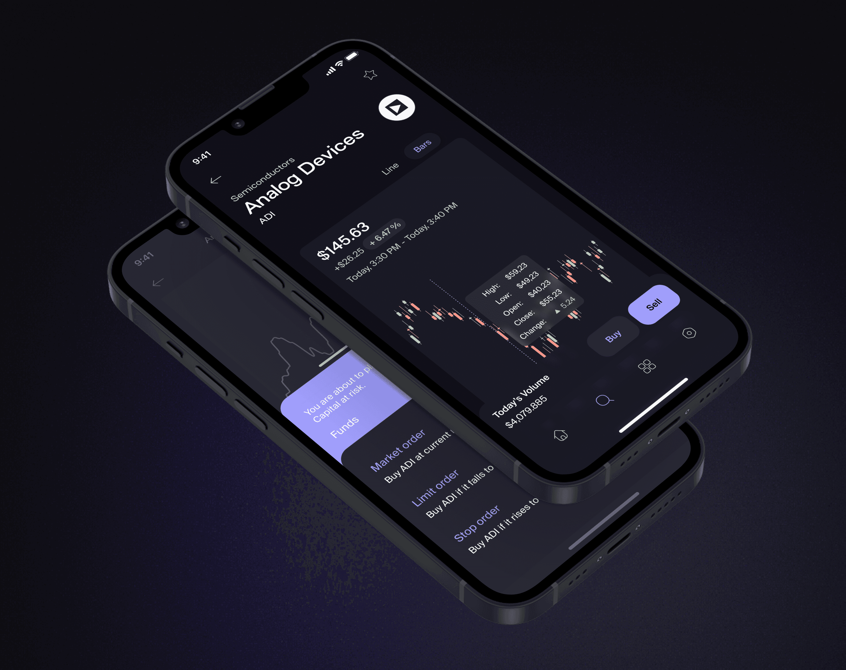 Mockups of the app interface showcasing different functionality.