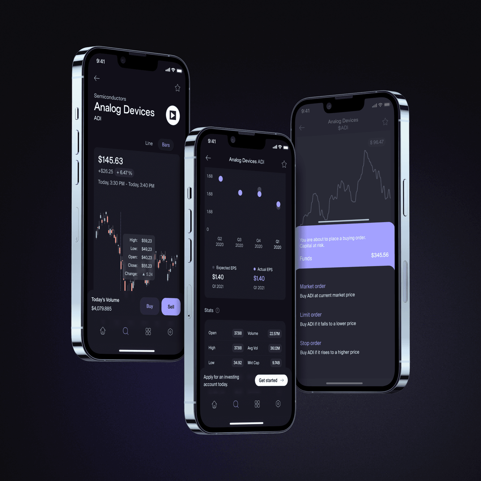 Mockups of the app interface showcasing different functionality.